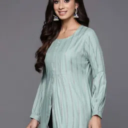 Libas Green Striped A Line Short Kurti image 2