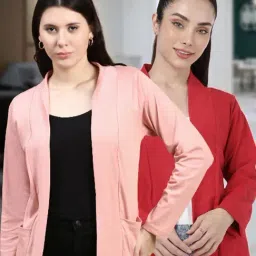 Kryptic Dusty Pink and Red Cotton Solid Open Front Shrug with Pockets, Pack of 2-picture-15