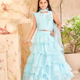 Aarika Girls Sky Blue Embellished Lehenga, Choli, Dupatta with Unstitched Sleeves-picture-10