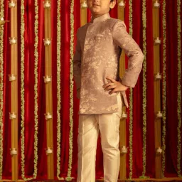 VASTRAMAY Boys Pink & Cream Self Full Sleeves Indowestern Sets image 2