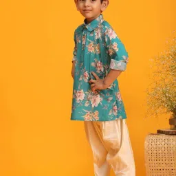 VASTRAMAY Boys Turquoise Floral Full Sleeves Kurta Sets image 2