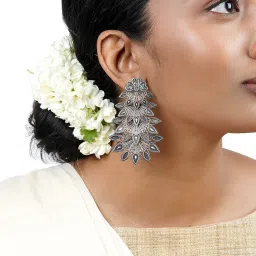 Teejh Ethnic Abhinaya Silver Oxidized Floral Dangler Earrings image 2