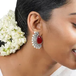 Teejh Ethnic Mahir Red Silver Oxidized Stud Earrings image 2