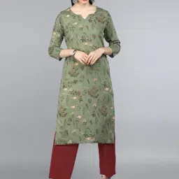 Vaamsi Green Cotton Printed Straight Kurta-image-4