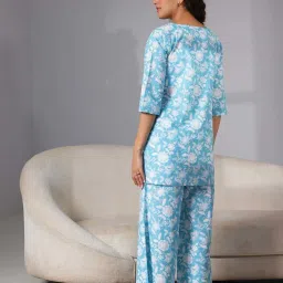 Libas Blue Cotton Printed Kurti & Pyjama Set image 2