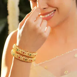 Rubans Set Of 2 Gold-Tone Plated Red & Green Bangles for Women image 2