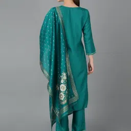 Vaamsi Green Woven Pattern Kurta Pant Set With Dupatta image 2