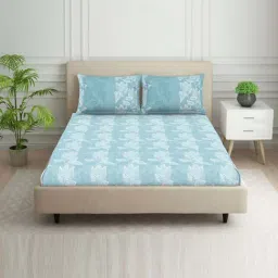 Spaces Tropica Light Blue 100% Cotton 144 TC Queen Fitted Bedsheet with 2 Pillow Covers-image-29
