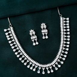 Voylla Silver Sparkling Elegance Teardrop Treasure American Diamond Necklace Necklace & Earring Set-picture-43
