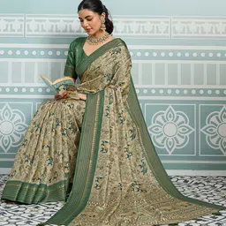 SHOPLANCE Ethnic Motifs Printed Striped Border Tussar Saree With Blouse Piece image 3