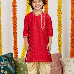 VASTRAMAY Boys Red Embroidery KurtaSets-picture-38