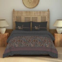 Spaces Kalamkari Dark Grey Cotton Printed 210 TC Double Bedsheet with 2 Pillow Covers-picture-13