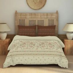 Spaces Kashida Beige Cotton Floral 210 TC Double Bedsheet with 2 Pillow Covers-picture-12
