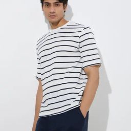 WES Lounge by Westside White Striped Relaxed-Fit Cotton-Blend T-Shirt-picture-42