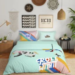 Spaces Genz Light Aqua Cotton Printed 180 TC Double Bedsheet with 2 Pillow Covers-picture-22