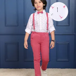 Mark & Mia Full Sleeves Golf Course Printed Party Shirt & Trouser Set with Bow Tie & Suspender - Red & White-picture-20