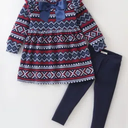 Crayonflakes Polar Fleece Full Sleeves Jacquard Bands Designed Bow Detailed Dress With Leggings - Blue-picture-19