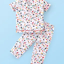 Babyhug Poplin Woven Half Sleeves Night Suit With Star Print - White-picture-14