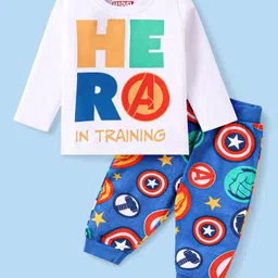 Babyhug Marvel Single Jersey Knit Full Sleeves Night Suit With Avengers Graphics - White & Blue-picture-24