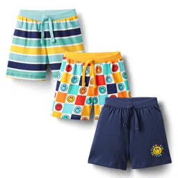 Babyhug Single Jersey Knit Shorts With Stripes & Smiley Print Pack Of 3 - Navy Blue Light Blue & Yellow-picture-17