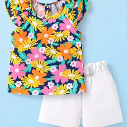 Babyhug Single Jersey Knit Frill Sleeves Top & Short Set With Floral Print - White Blue & Pink-picture-20