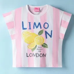 Little Kangaroos Cotton Knit Half Sleeves Striped Top with Lemon Print - Pink-picture-16