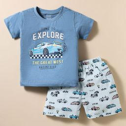 CUCUMBER Single Jersey Knit Half Sleeves Shorts Night Suit With Vehicles Print - Light Blue-picture-45