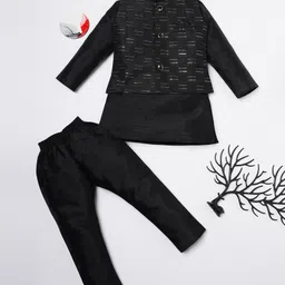 Ridokidz Full Sleeves Solid Kurta & Pyjama With Abstract Embroidered Jacket Set - Black-picture-18