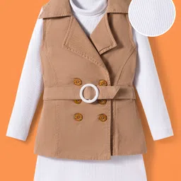 OLLINGTON ST. Cotton Lycra Rib Full Sleeves Frock & Twill Jacket Set - White & Beige-picture-14