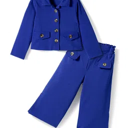 CrayonFlakes Waffle Knit Full Sleeves Solid Jacket Styled Top & Palazzo Set - Blue-image-73