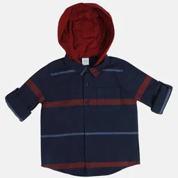 MINI KLUB Cotton Woven Full Sleeves Striped Hooded Shirt - Navy Blue-picture-30