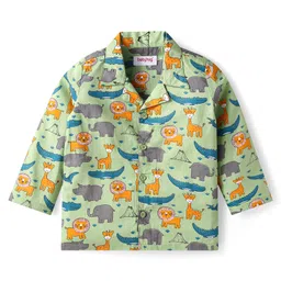 Babyhug Cotton Woven Full Sleeves Night Suit With Dino Print - Green image 2