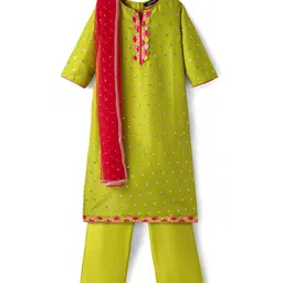 Pine Kids Woven Three Fourth Sleeves Kurta Palazzo Set with Dupatta Lace & Sequin Detailing - Green & Pink image 2