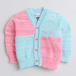 Little Angels Wollen Woven Full Sleeves Colour Blocked Cardigan With Cap & Socks Set - Green & Neon Pink image 3