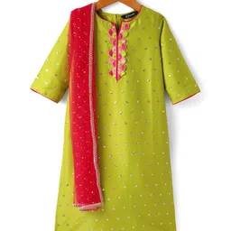 Pine Kids Woven Three Fourth Sleeves Kurta Palazzo Set with Dupatta Lace & Sequin Detailing - Green & Pink image 3