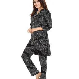 Fabme Rayon Knit Three Fourth Sleeves Leaves Printed Maternity Kurti With Side Seam Nursing Access & Coordinating Pant Set - Black image 4