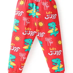 Babyhug Cotton Knit Full Sleeves Night Suit with Dino Print - Red image 4