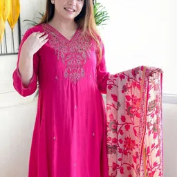 KALINI Women Ethnic Motifs Embroidered Regular Thread Work Kurta with Trousers & With Dupatta-image-62