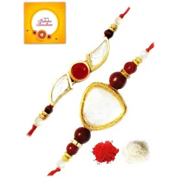 Karatcart Gold-Plated Kundan Rakhi with Roli Chawal & Greeting Card for Brother - Set of 2 image 2