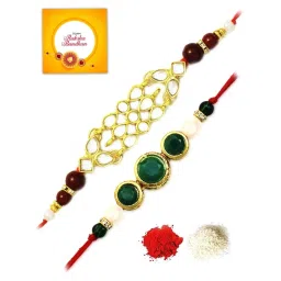 Karatcart Gold-Plated Kundan Rakhi with Roli Chawal & Greeting Card for Brother - Set of 2 image 2