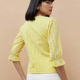 Code by Lifestyle Yellow Cotton Embroidered Top image 2