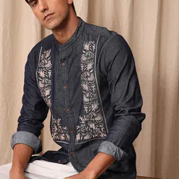 Mr Bowerbird Pure Cotton Tailored Fit Floral Embroidered Denim Casual Shirt-picture-10
