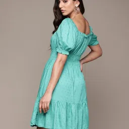 Label Ritu Kumar Aqua Solid Fit & Flare Short Dress image 2