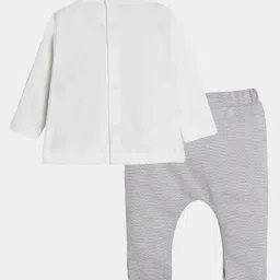 MiArcus Boys White & Grey Striped Full Sleeves Top, Pants, Cap, Mittens with Bib image 2