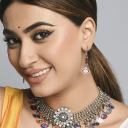 Fida Ethnic Silver-Plated Multi Coloured Meenakari Evil Eye Necklace Set for Women image 2