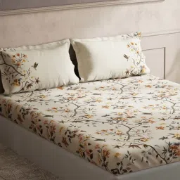 DDecor Floral Beige 144 TC Cotton Queen Bedsheet with 2 Pillow covers image 2