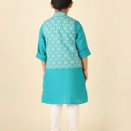 Fabindia Kids Blue & White Printed Full Sleeves Kurta, Jacket with Pyjamas image 2