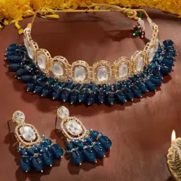 Zaveri Pearls Dark Peacock Green Beads Stones Austrian Diamonds Necklace & Earring Set for Women-picture-14