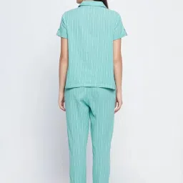 Clovia Green Striped Shirt Pyjama Set image 2