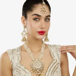 Zaveri Pearls Gold Tone Kundan Multistrand Beaded Bridal Necklace Earring Maangtikka Set for Women-picture-39
